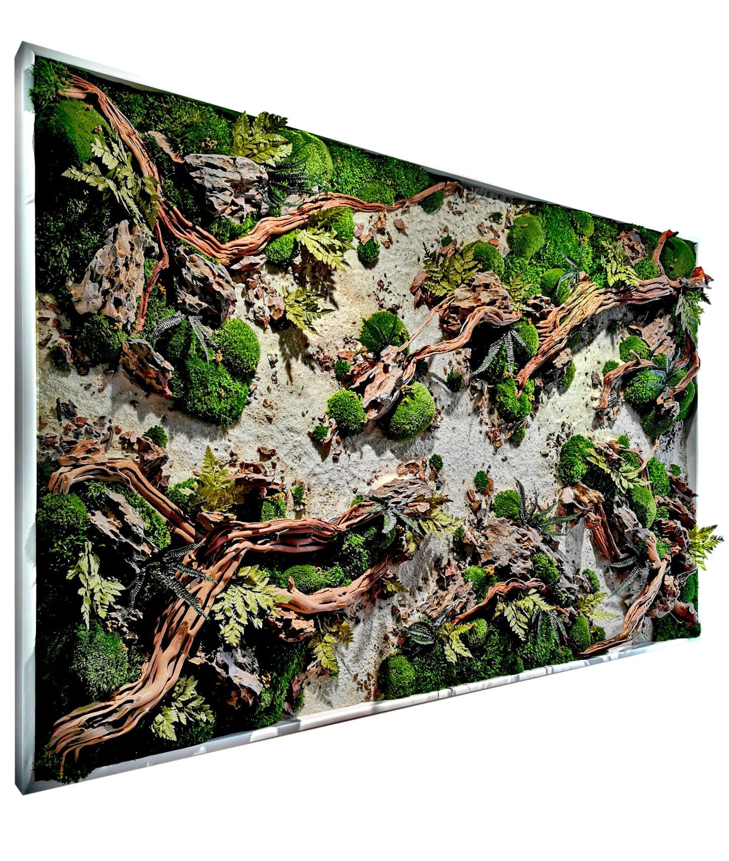 Custom-made wooden picture moss picture "Dried Riverbed" - natural artwork with wood, real roots and stones - wall art in a real wood frame