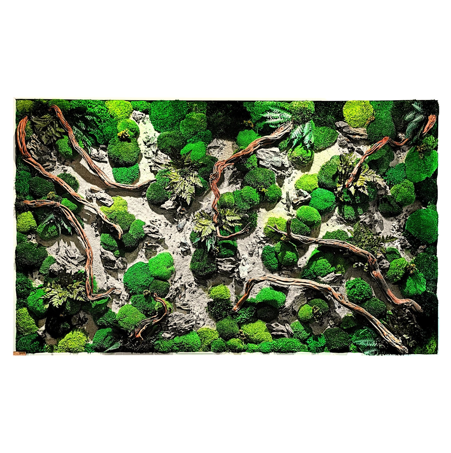 Custom-made wooden picture moss picture "Dried Riverbed" - natural artwork with wood, real roots and stones - wall art in a real wood frame