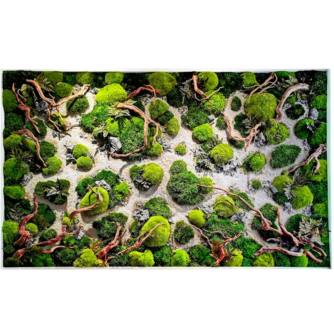 Custom-made wooden picture moss picture "Dried Riverbed" - natural artwork with wood, real roots and stones - wall art in a real wood frame