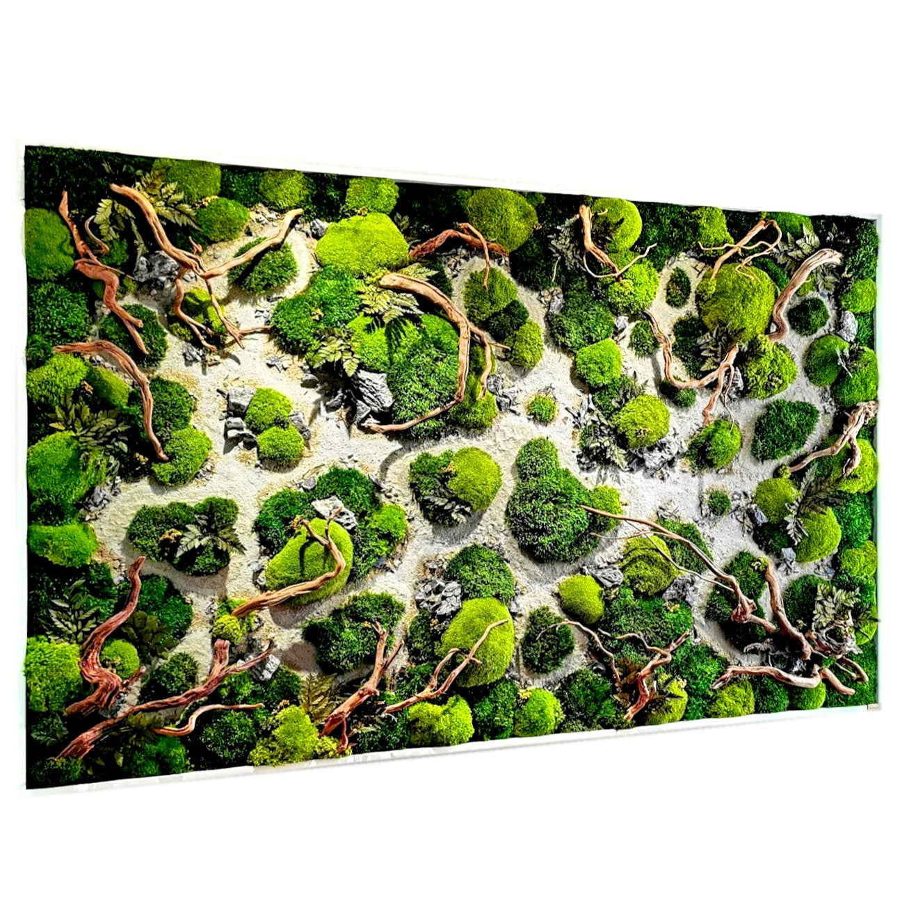 Custom-made wooden picture moss picture "Dried Riverbed" - natural artwork with wood, real roots and stones - wall art in a real wood frame