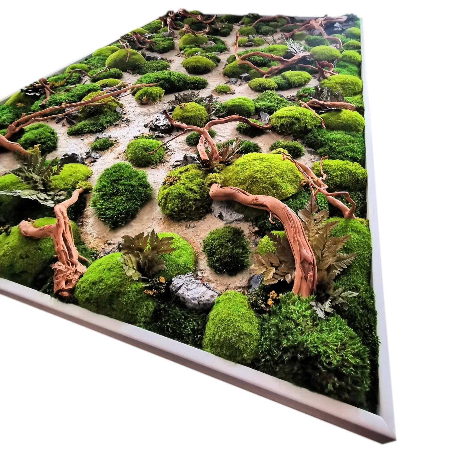 Custom-made wooden picture moss picture "Dried Riverbed" - natural artwork with wood, real roots and stones - wall art in a real wood frame