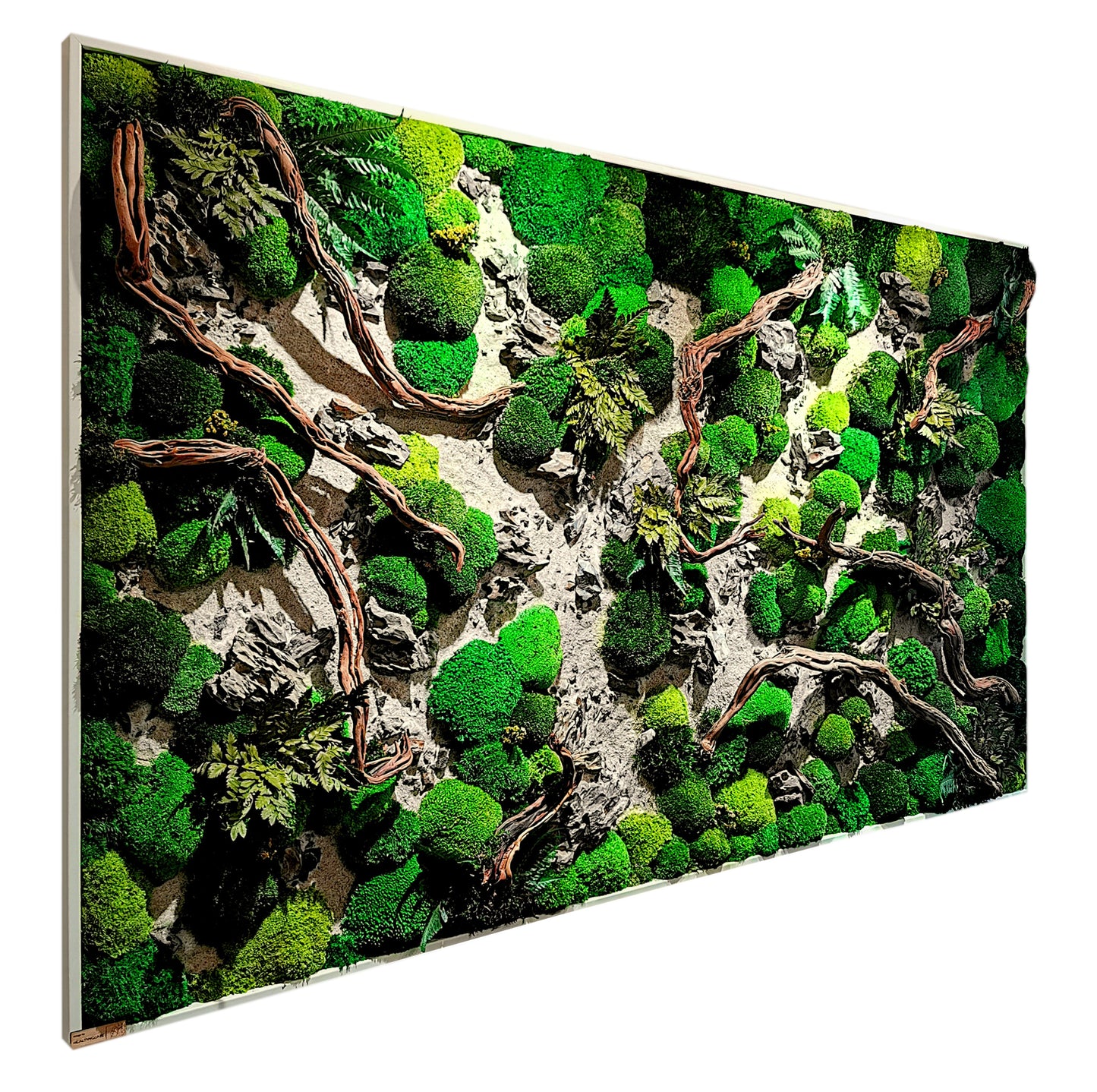 Custom-made wooden picture moss picture "Dried Riverbed" - natural artwork with wood, real roots and stones - wall art in a real wood frame