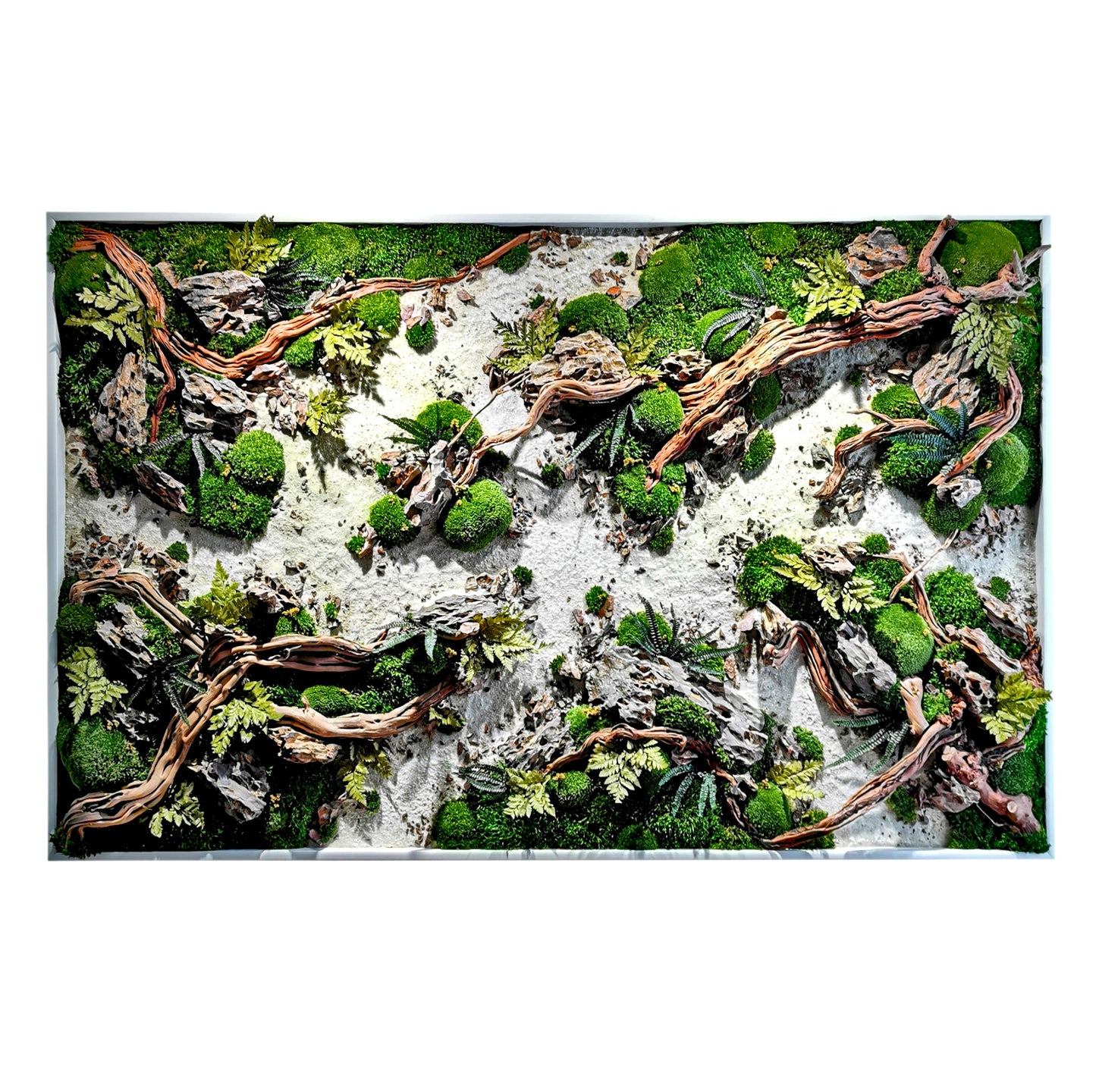 Custom-made wooden picture moss picture "Dried Riverbed" - natural artwork with wood, real roots and stones - wall art in a real wood frame