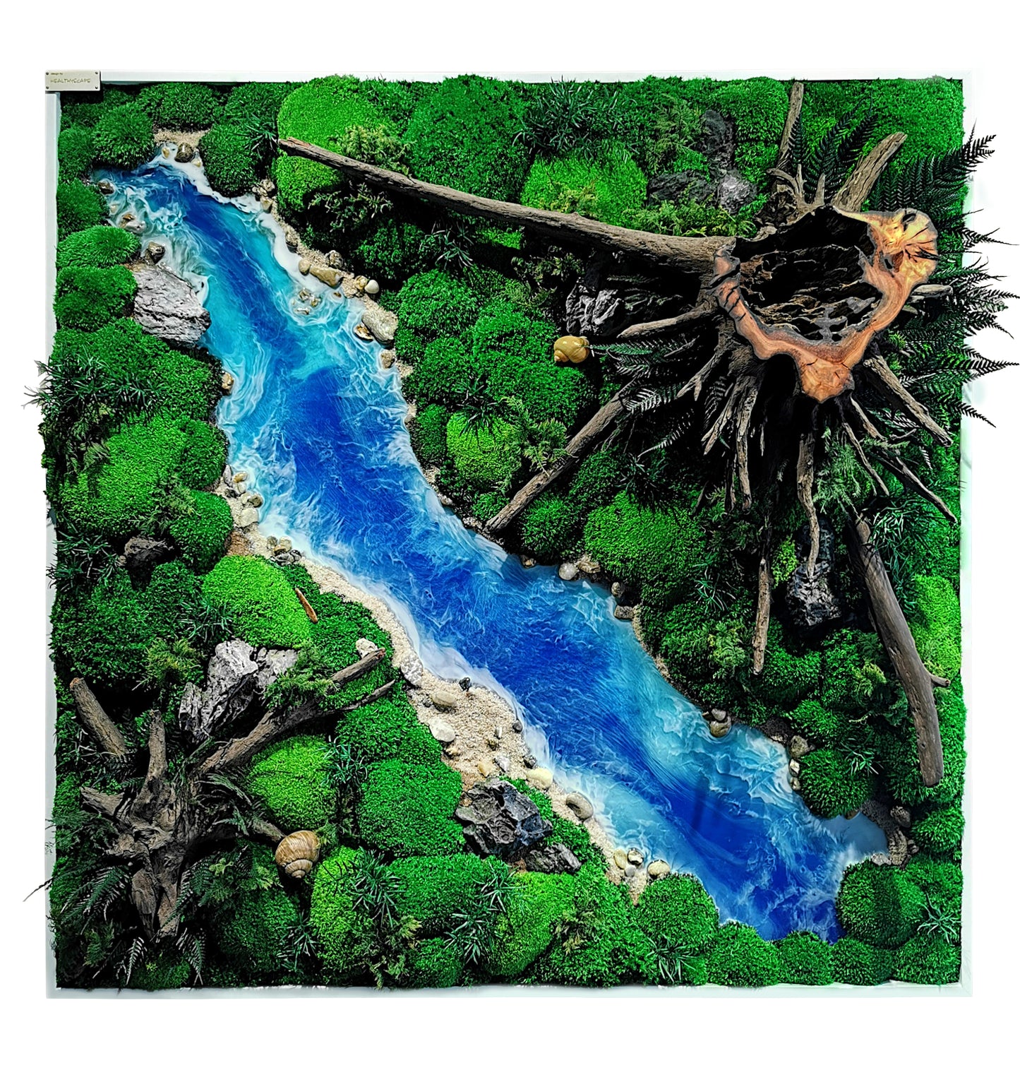 Maßgefertigtes Epoxidharz Moosbild 'Forest River' - Handgefertigtes Waldbild mit Wurzeln & Flusselementen