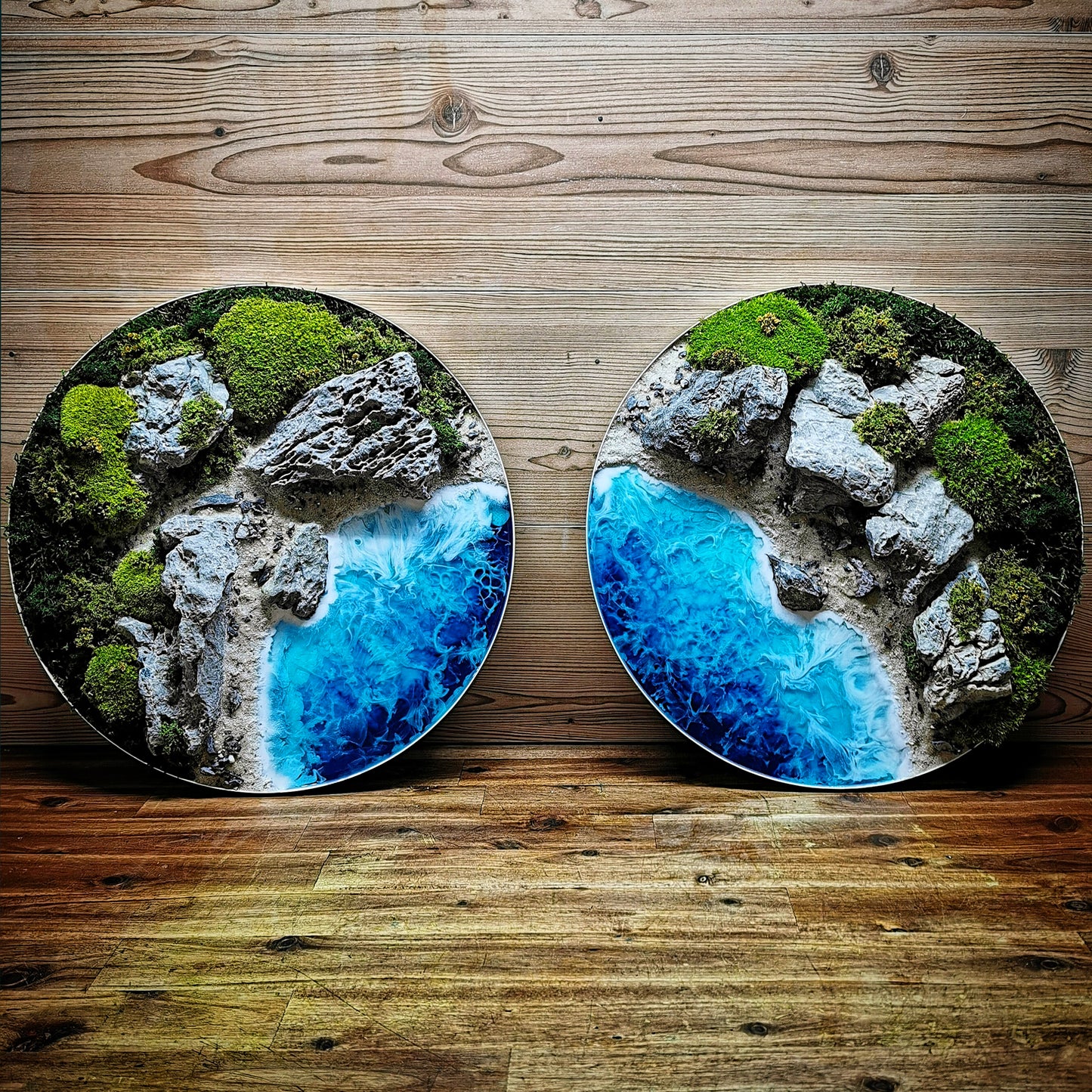 Custom-made moss picture aluminum frame 'Autumn Coast' - Autumnal coastal landscape with epoxy resin - Handmade wall art