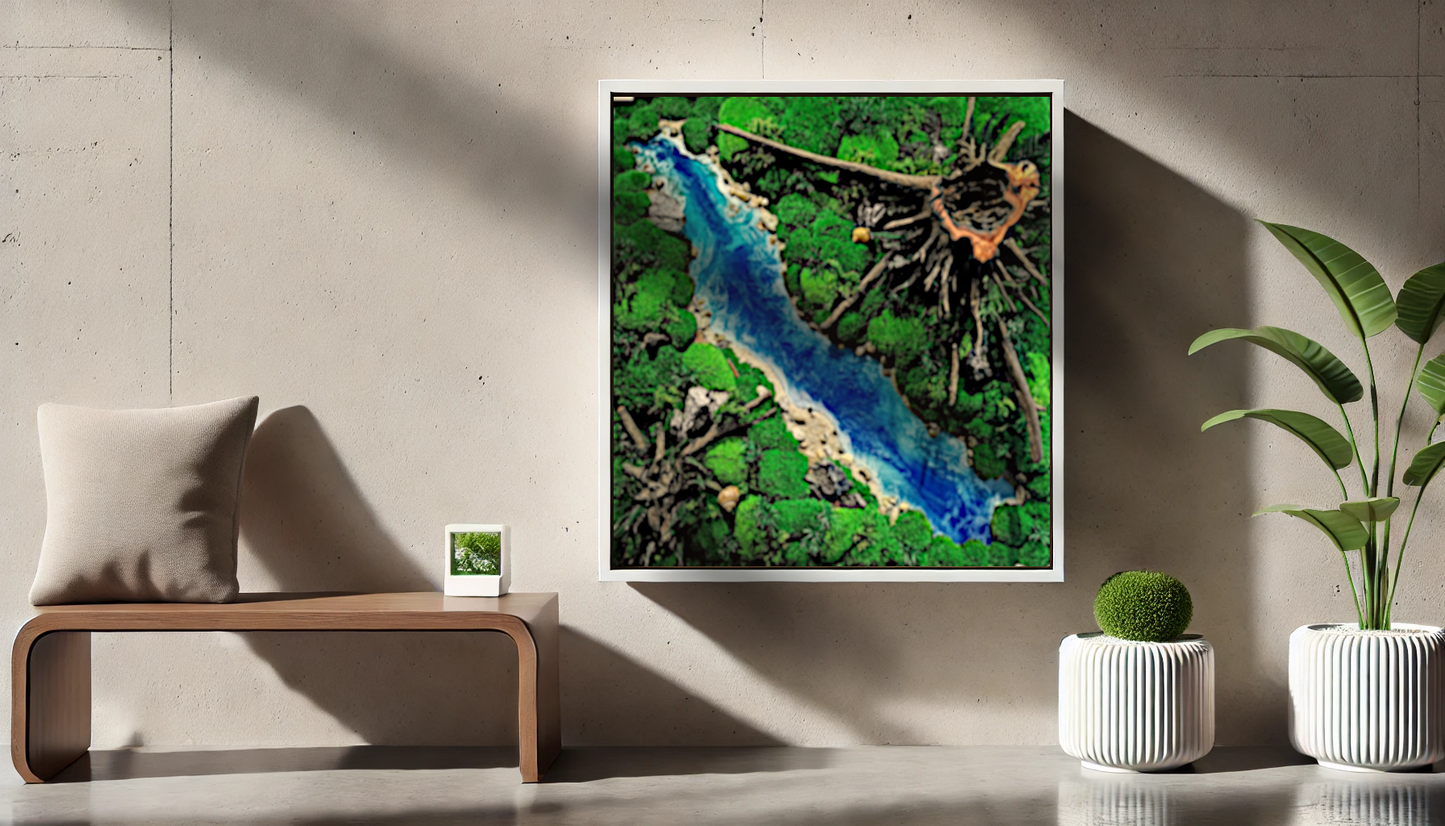 Maßgefertigtes Epoxidharz Moosbild 'Forest River' - Handgefertigtes Waldbild mit Wurzeln & Flusselementen